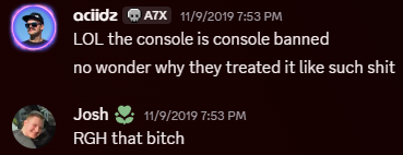 Josh (Octal450) telling me to RGH the console in the Xbox Homebrew server